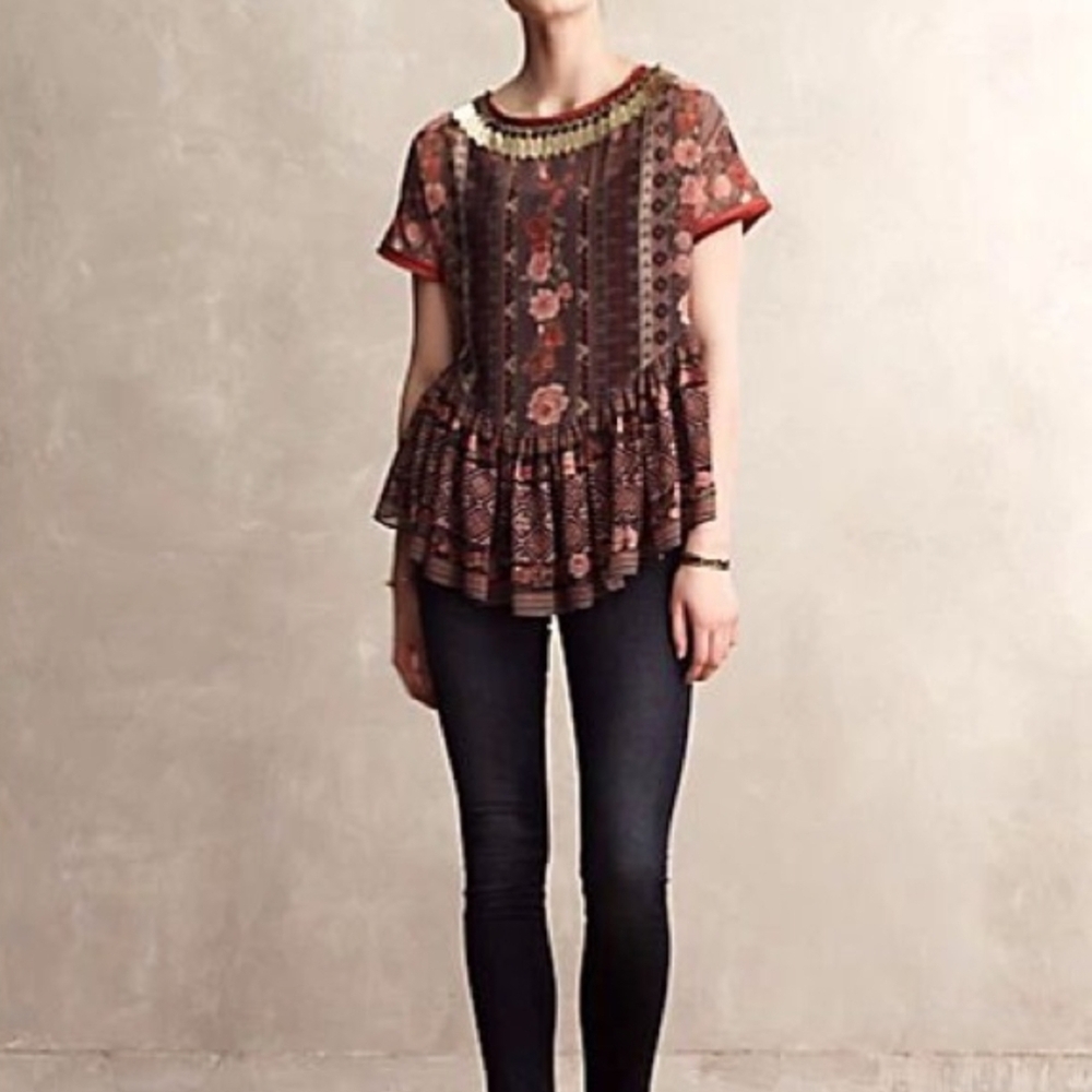 Anthropologie Burgundy Floral Mixed-Print Short-Sleeve Blouse - Picture 4 of 7